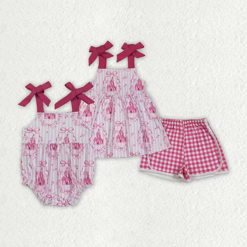 Pink bow castle shirt matching shorts baby girl outfit