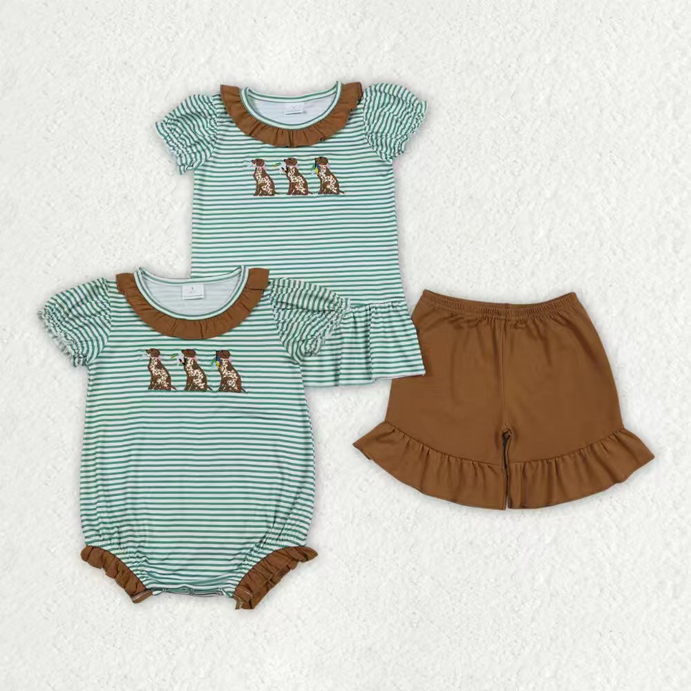 Embroidery Duck dog shirt matching shorts girls outfit