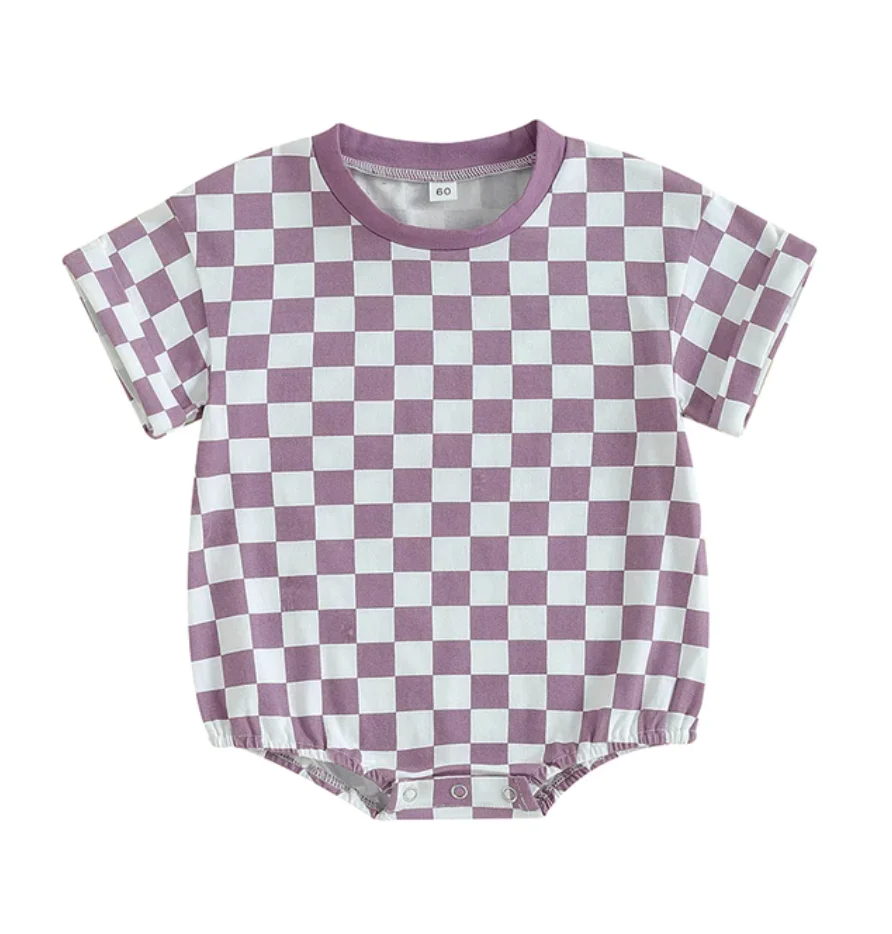 lavender checkered short sleeve romper