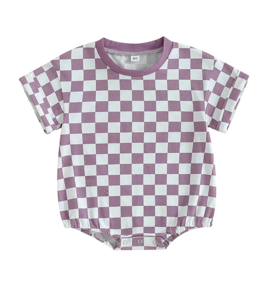 lavender checkered short sleeve romper