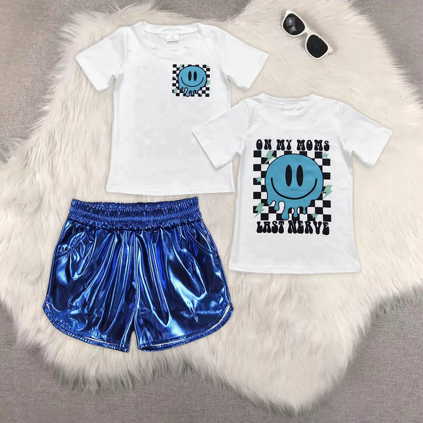 BT0351+SS0409 Girls smiley white top  leather shorts sets