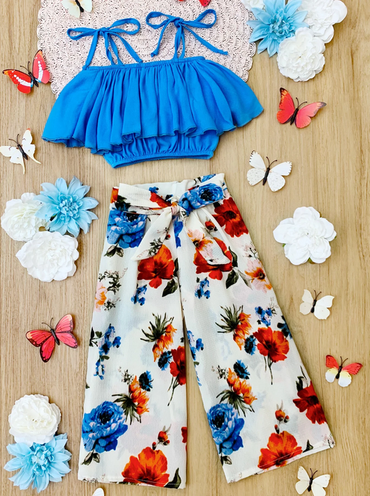 blue top flower wide leg wholesale girls clothing set