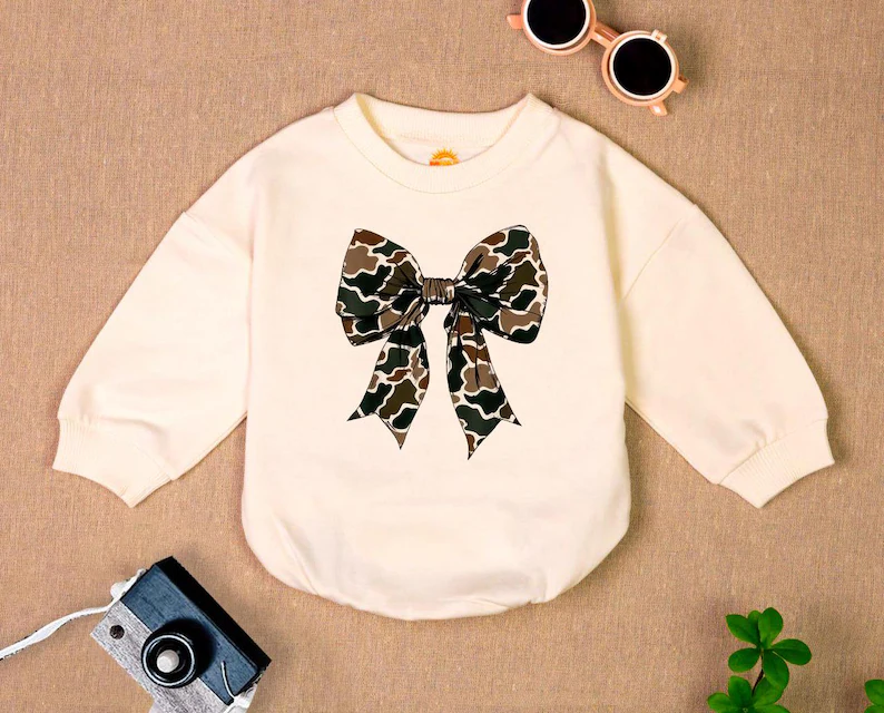 Newborn baby girls camouflage bow long sleeve romper