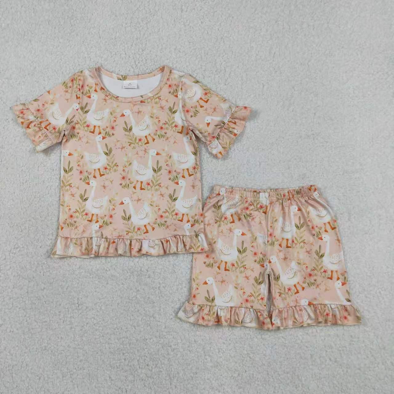 Pink bow short sleeve top matching shorts girls summer outfit
