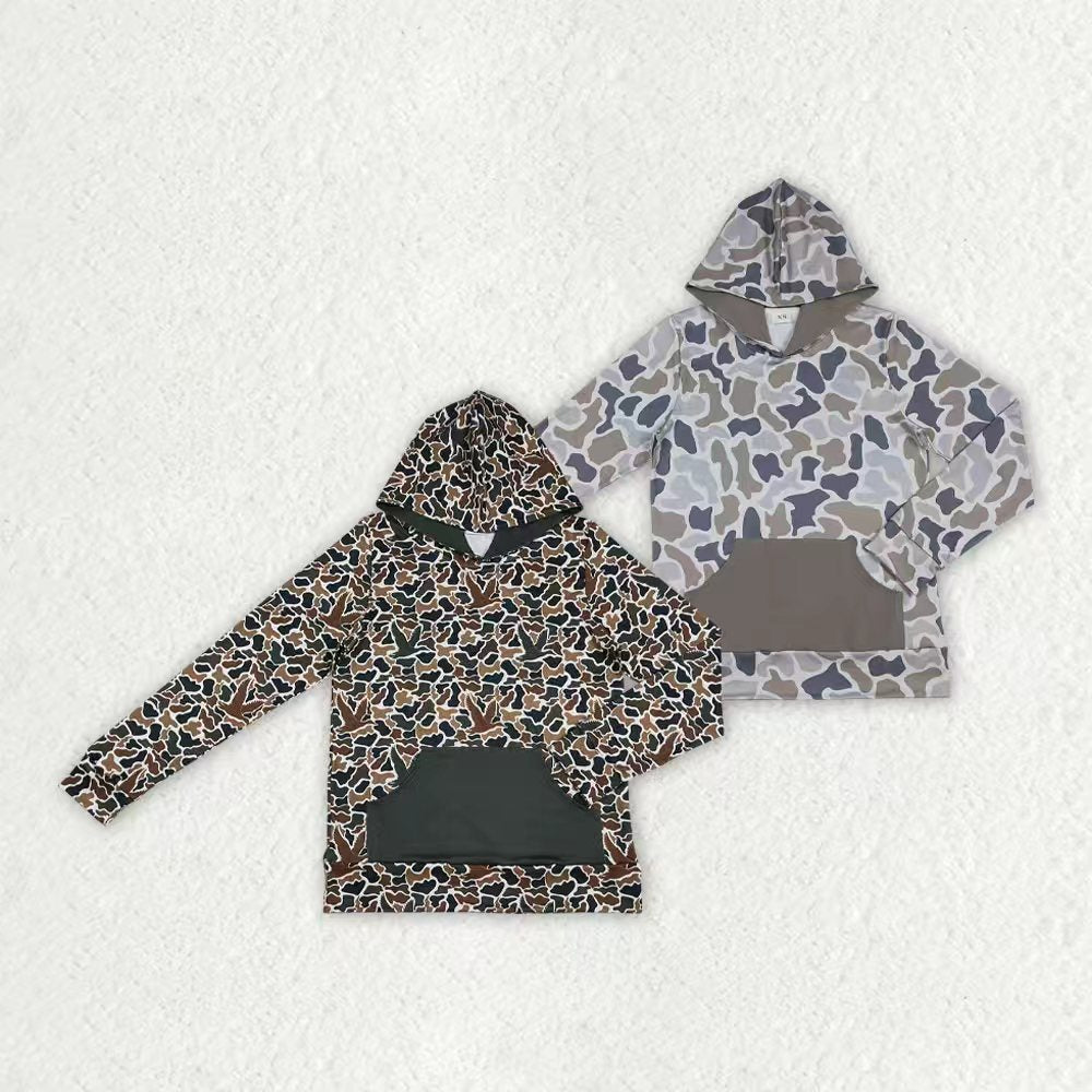 Adult man dark grey camo long sleeve hoodie top