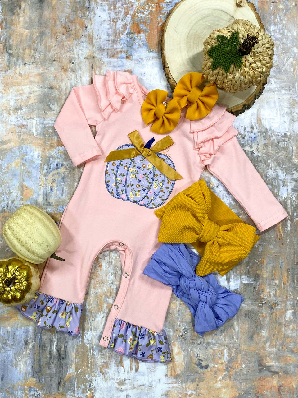 wholesale kids girls floral pumpkin pink long sleeve romper