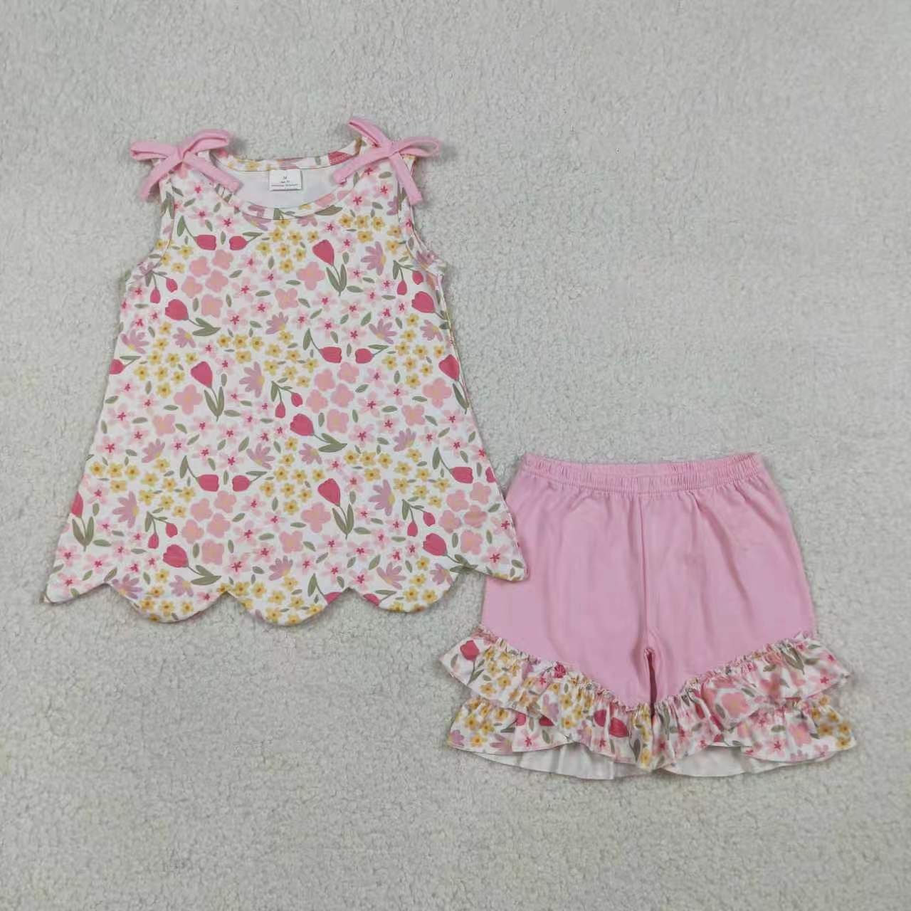 Pink yellow flowers top matching shorts girls summer outfit