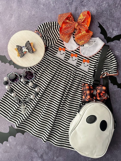 Halloween ghost black stripes short sleeve dress