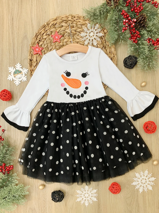 baby girls christmas snowman long sleeve tulle dress