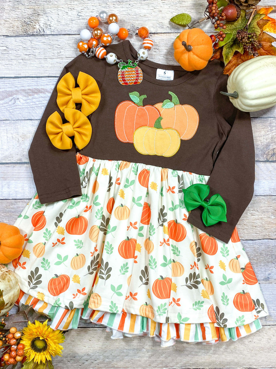 Three pumpkins fall leaves long sleeve boutiuqe dress wholesale price