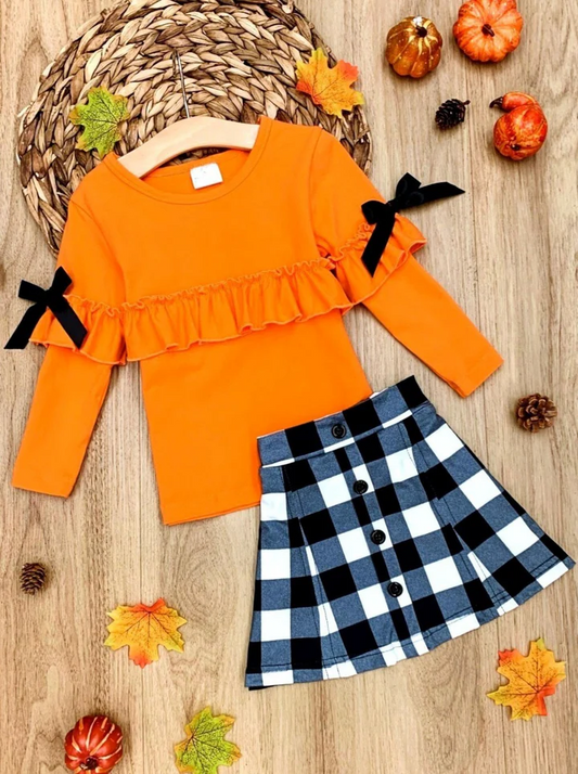 toddle baby girl orange top black checkered skirt 2pcs outfi