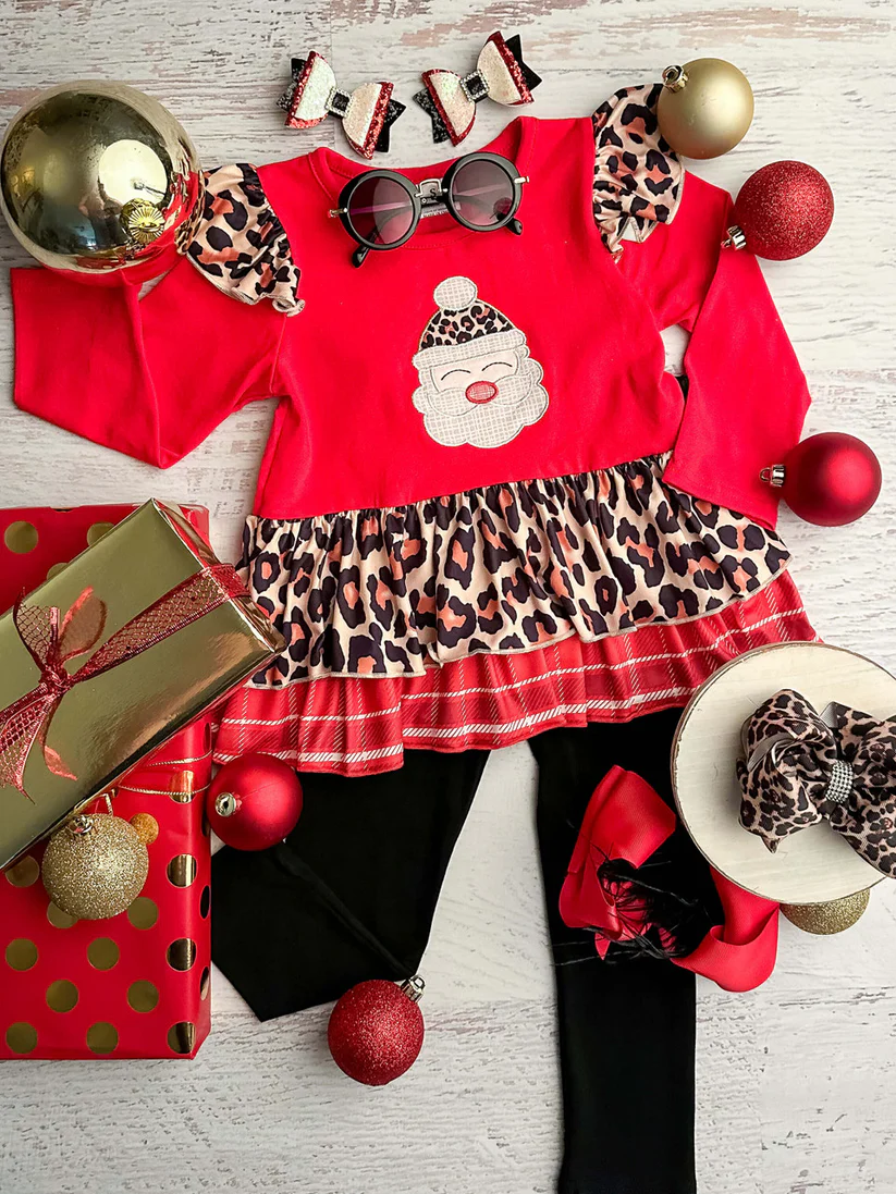 infant baby girls christmas santa claus cheetah ruffle fall winter clothes