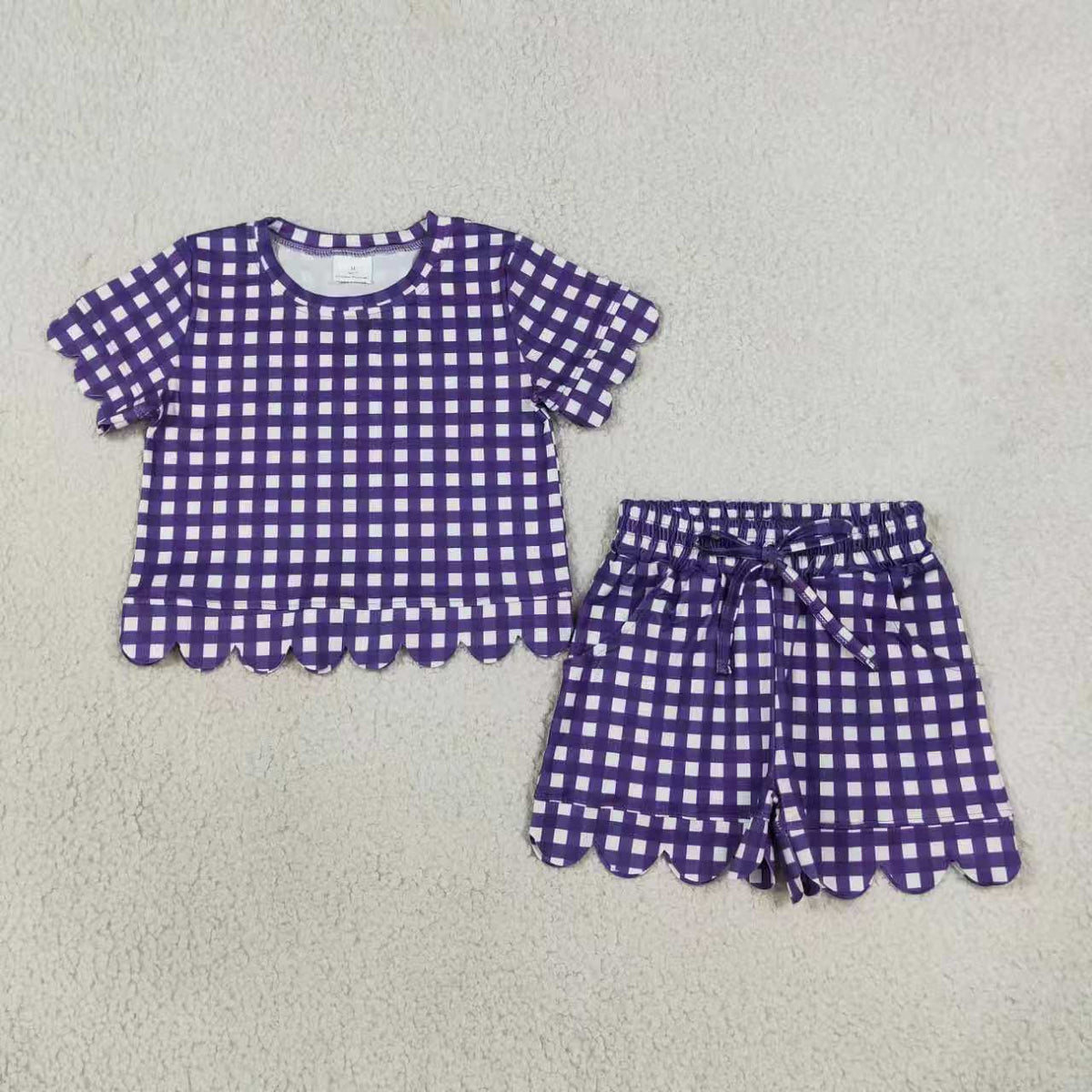 Blue plaid design top matching shorts girls summer outfit