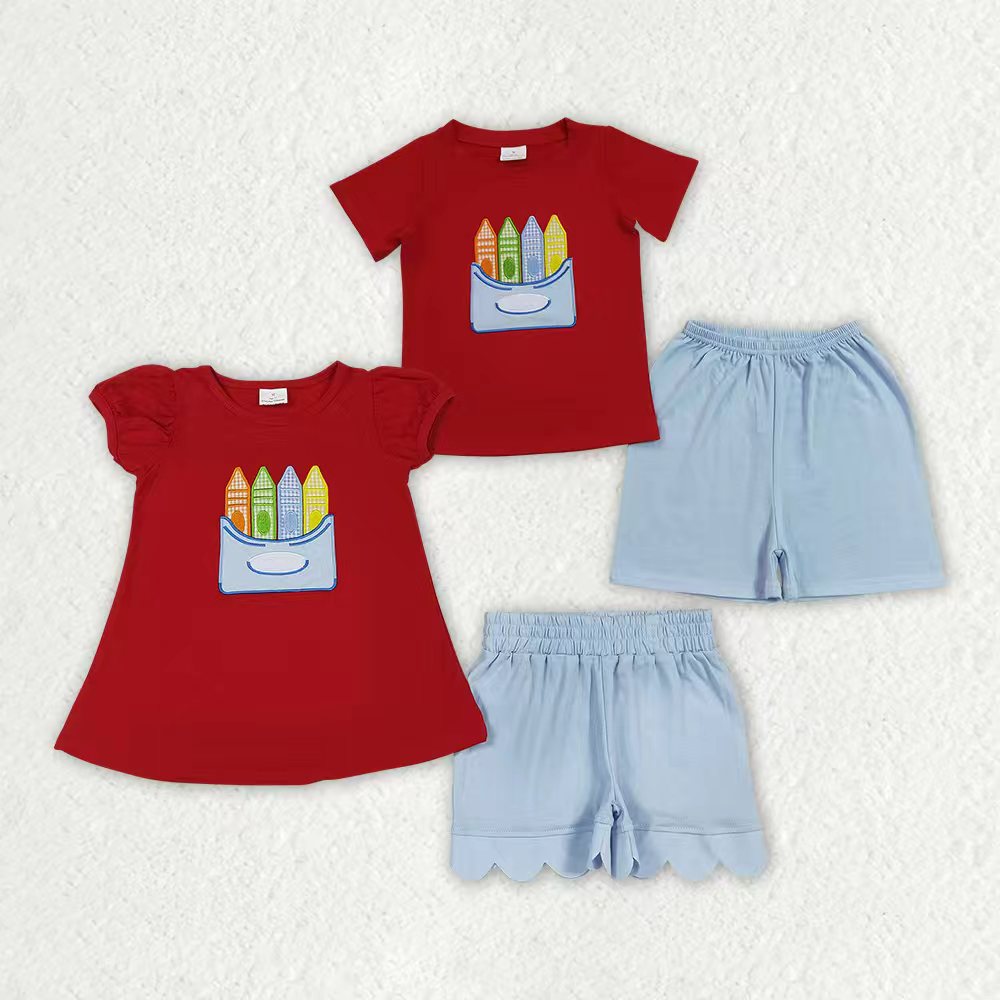 Back to school embroidery pencil short sleeve top matching shorts girls summer set