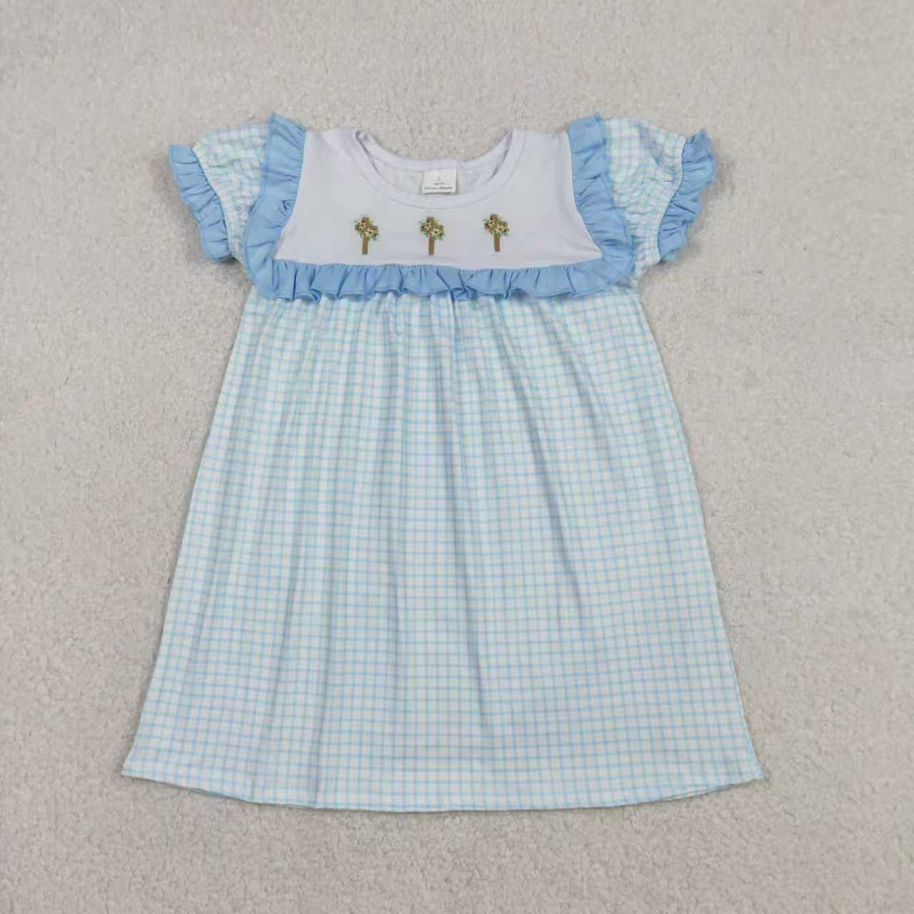 Easter embroidery cross blue plaid kids girls holiday outfit