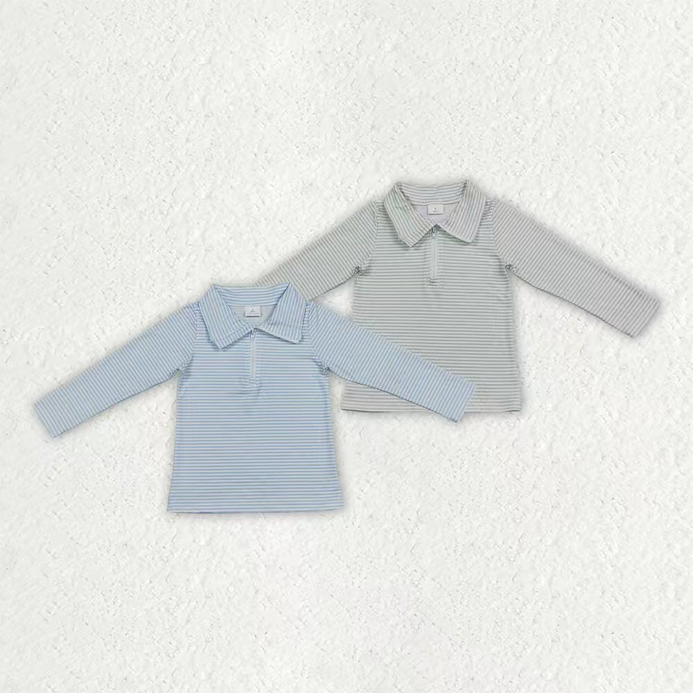 Green stripes kids boy long sleeve zip pullover top