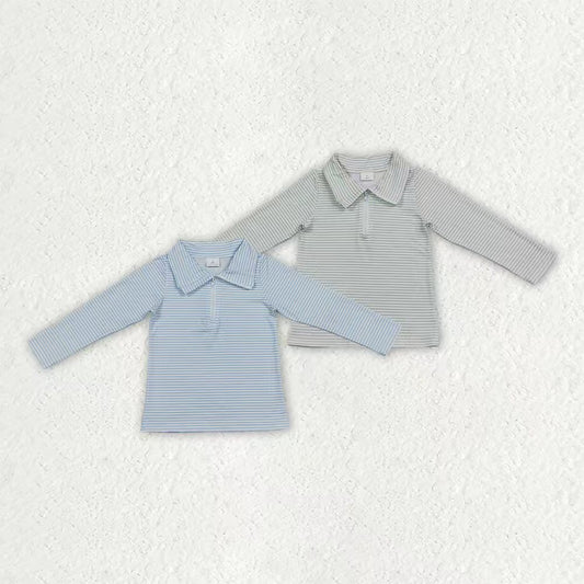 Green stripes kids boy long sleeve zip pullover top