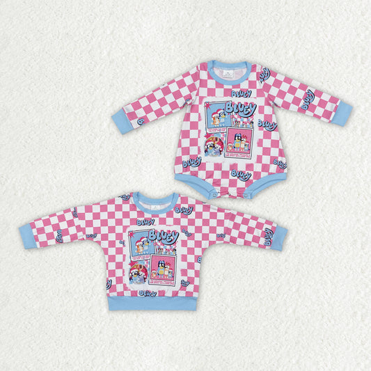 Christmas blue cartoon dog pink checkered matching clothes