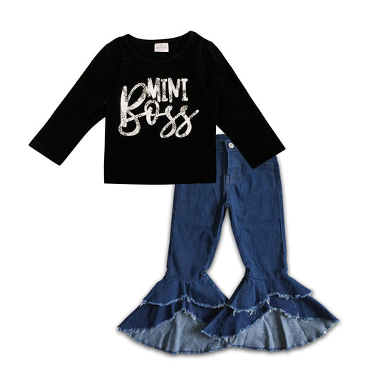 miss boss top blue ruffle jeans bell  bottoms spring fall outfit