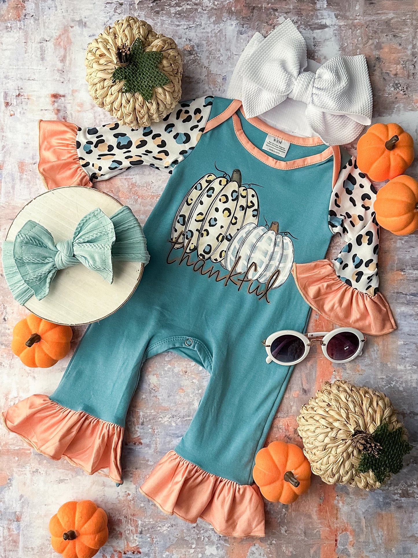 Thankful pumpkin long sleeve fall season romper