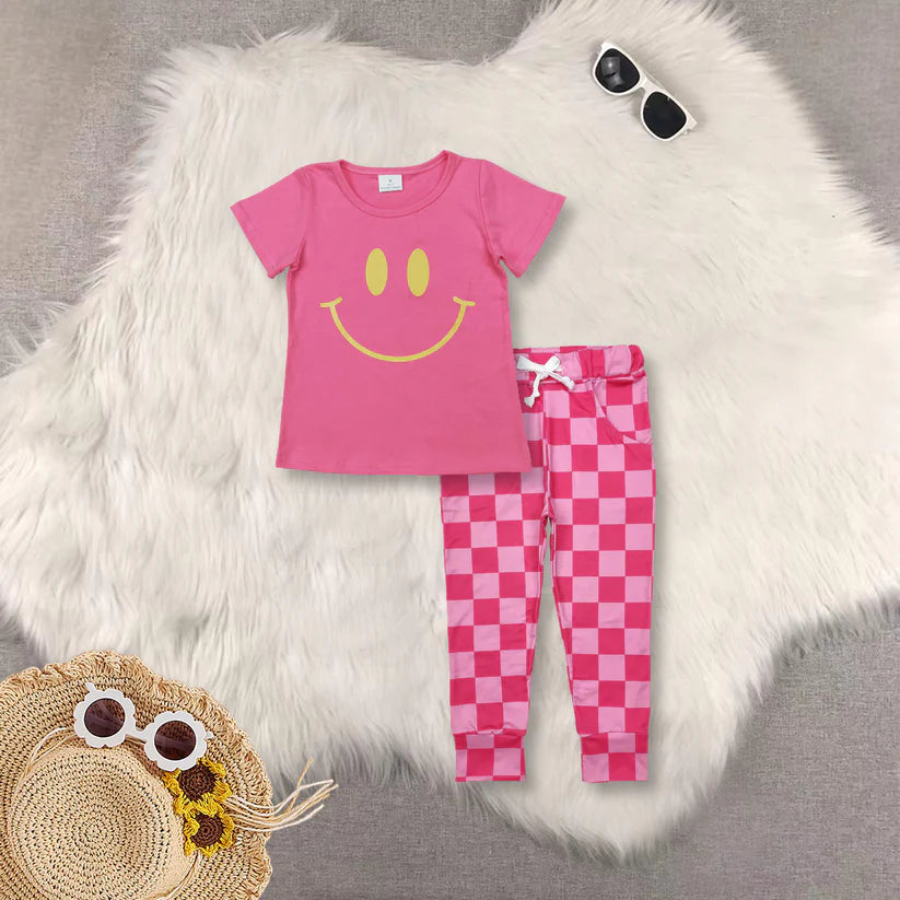 Smile face shirt pink plaid pants two pics outfit GT0959+P0700