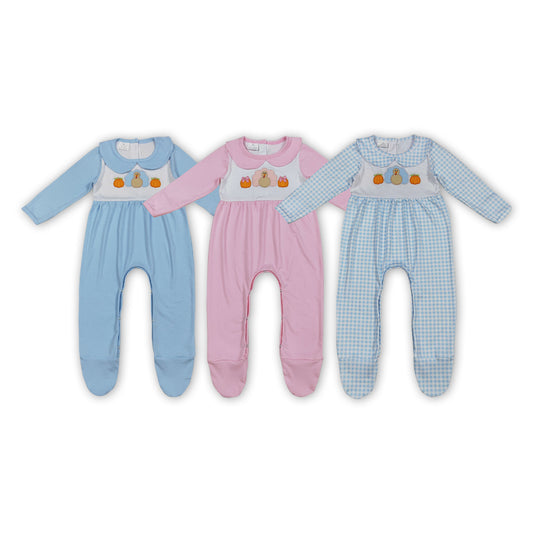 Thanksgiving embroidery pumpkin toddle babylong sleeve romper