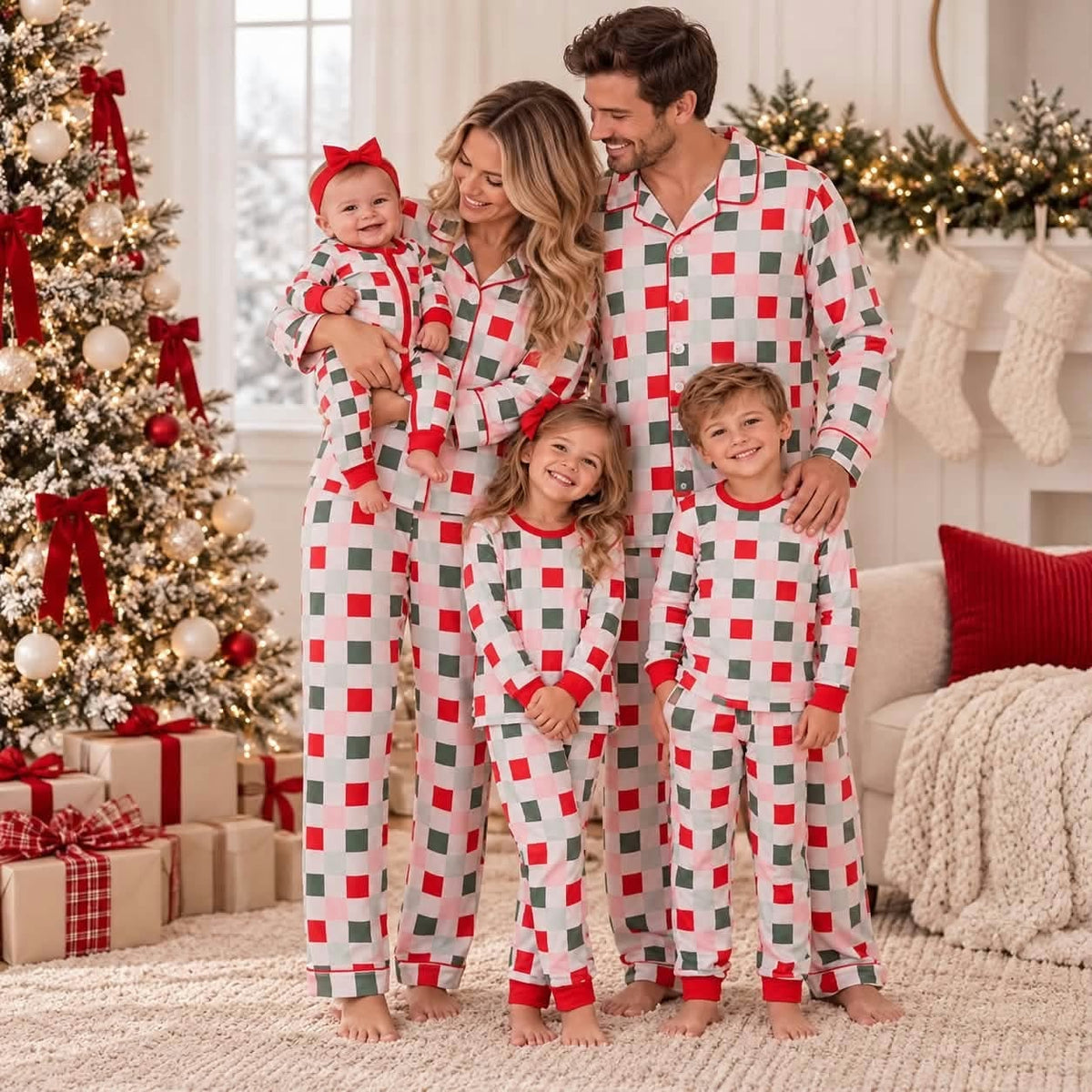 Family mommy and me green red checkered christmas pajama set