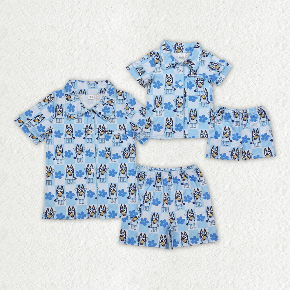 mommy and me blue cartoon dog short sleeve button down pajama set