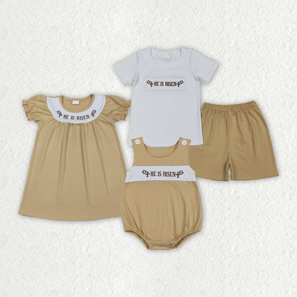 Embroidery He is risen top matching shorts boy summer outfit
