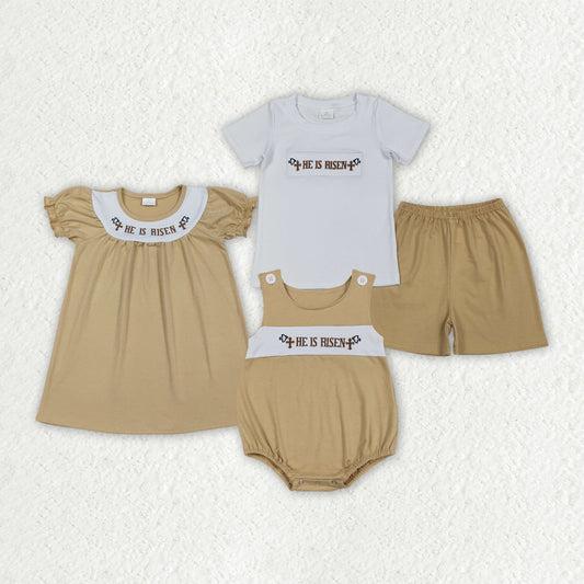Embroidery He is risen top matching shorts boy summer outfit