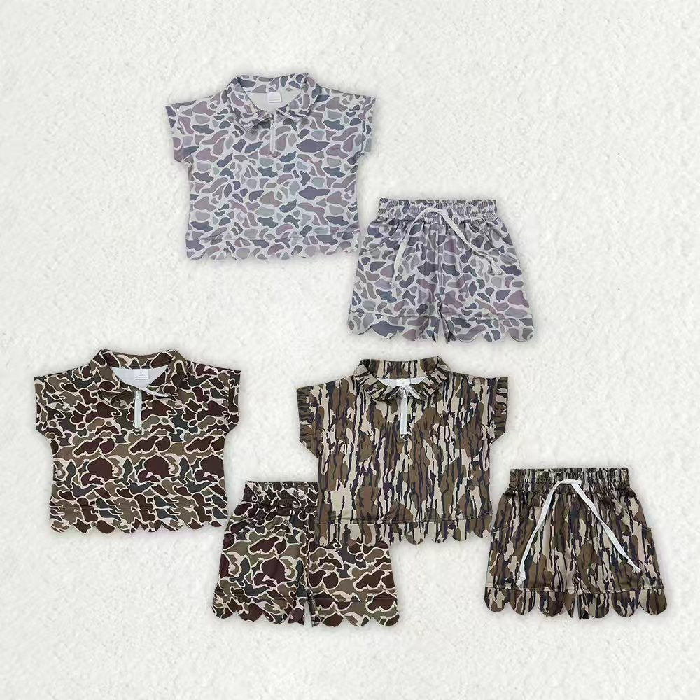 Grey Camo short sleeve pullover top matching shorts girl summer outfit