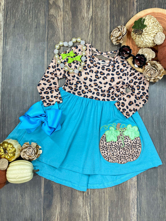 infant baby girls cheetah pumpkin blue fall dress