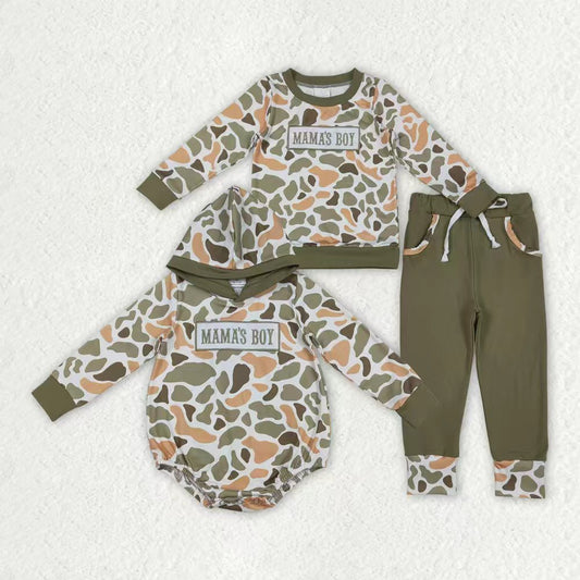 Embroidery mamas boy green orange camo top matching pants outfit