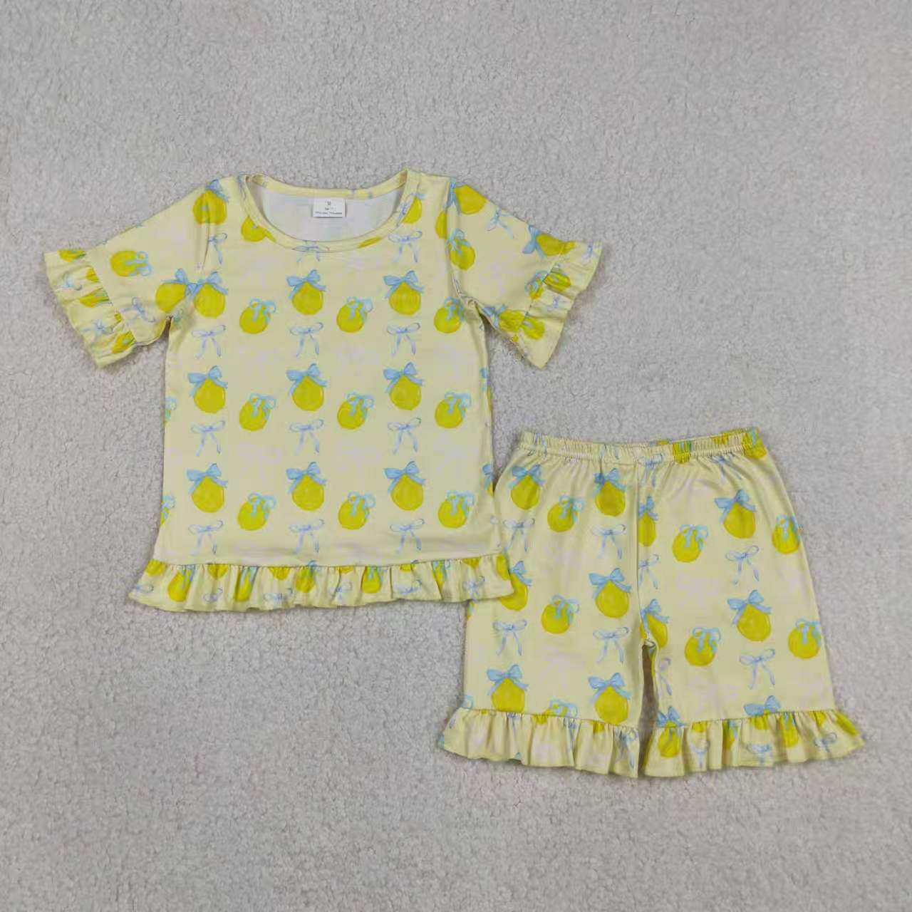 Pink bow short sleeve top matching shorts girls summer outfit