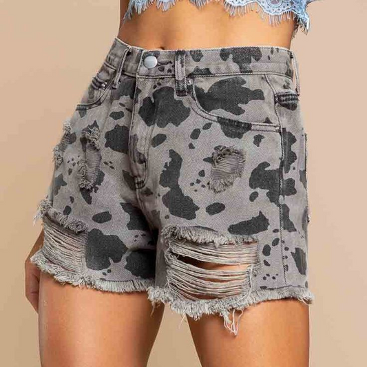 Adult grey cow print distressed jeans shorts preorder