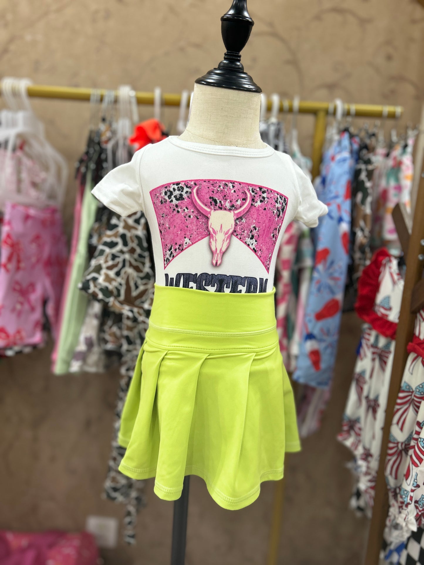 Girls western babe shirt matching lime green yoga skirt summer outfit