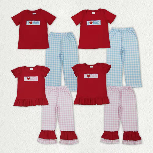 embroidery I LOVE mom red shirt pink  plaid pants girls outfit