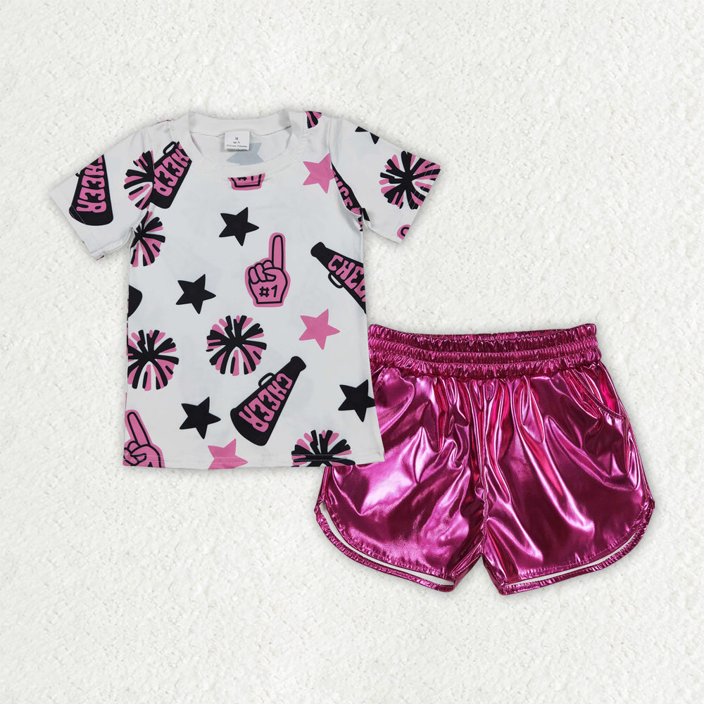Girls pink cheer shirt pu shorts girl summer outfit