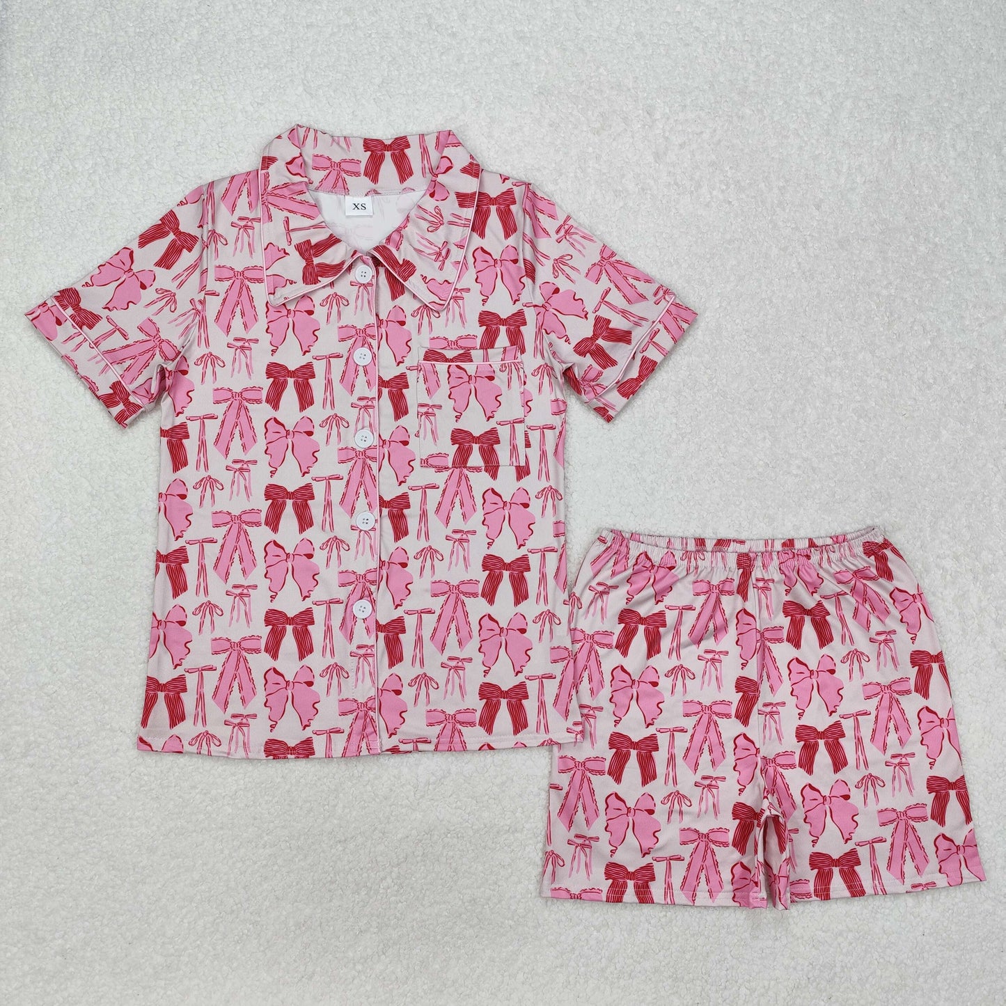 mommy and me pink bow short sleeve button down pajama set