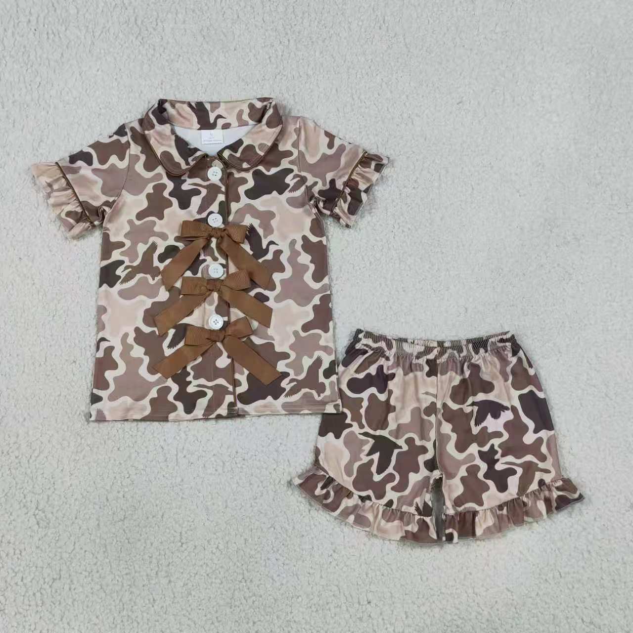 Pink bow camo top matching shorts girls pajama set