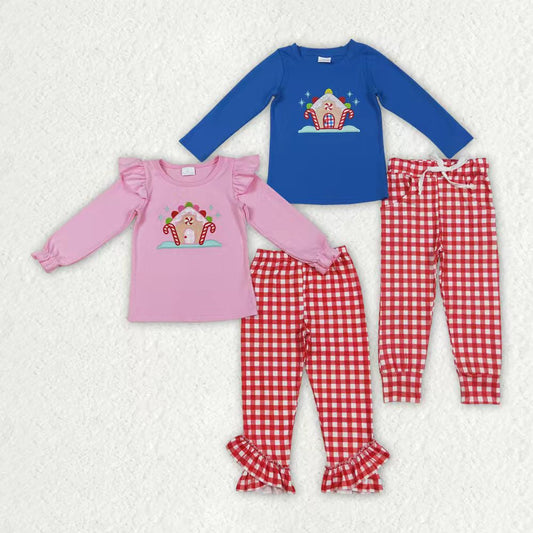Kids girls embroidery Christmas house candy cane long sleeve  outfit