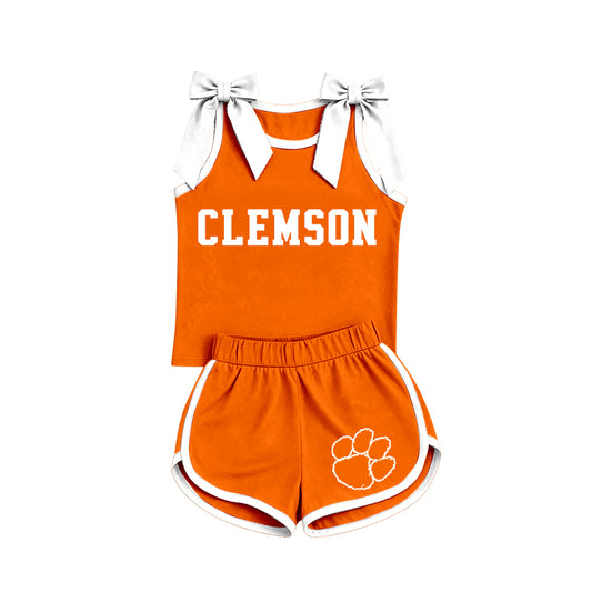 Custom clemson team bow top matching shorts girls summer outfit