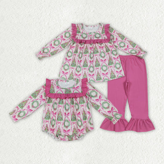 Christmas tree pink bow long sleeve top matchin pants girls winter matching outfit