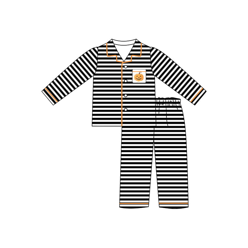 Black stripes baby boy Halloween pumpkin button down pajama set