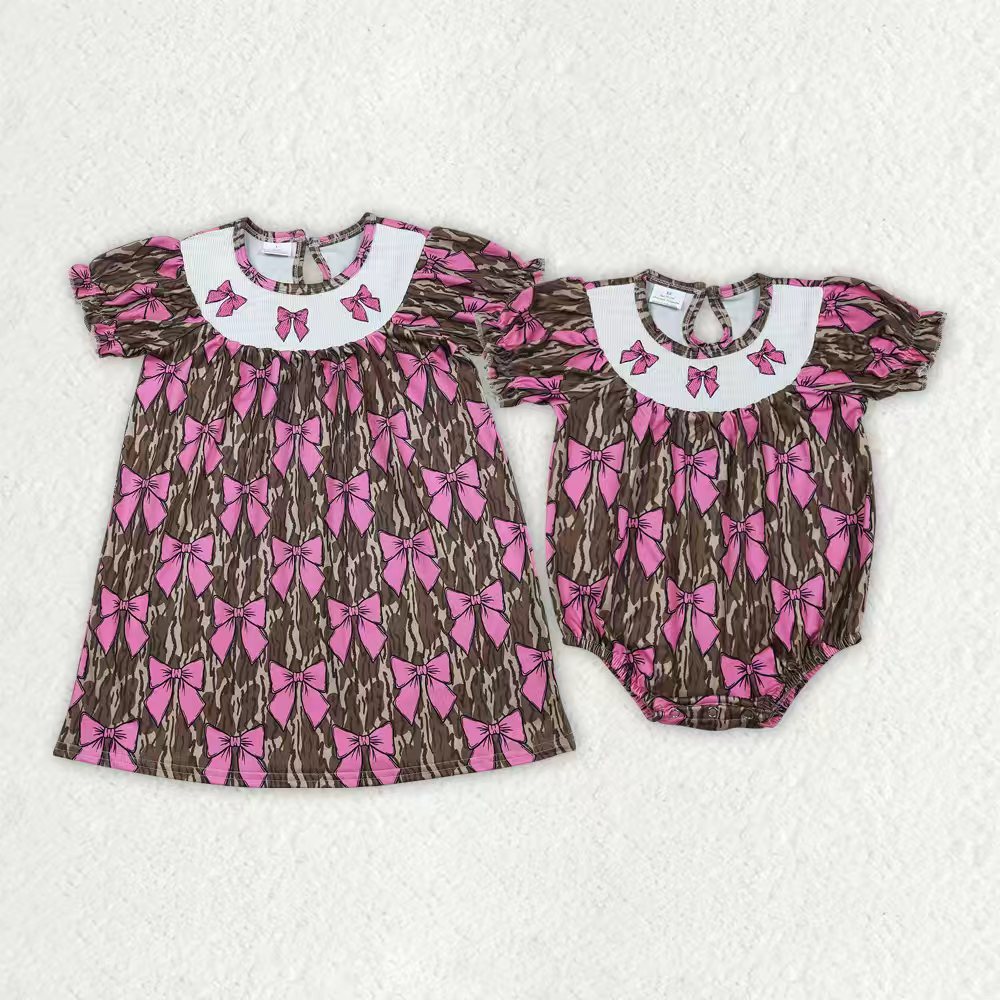 Pink bow camo design smokced dress