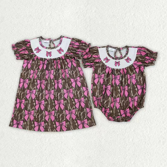 Pink bow camo design smokced dress