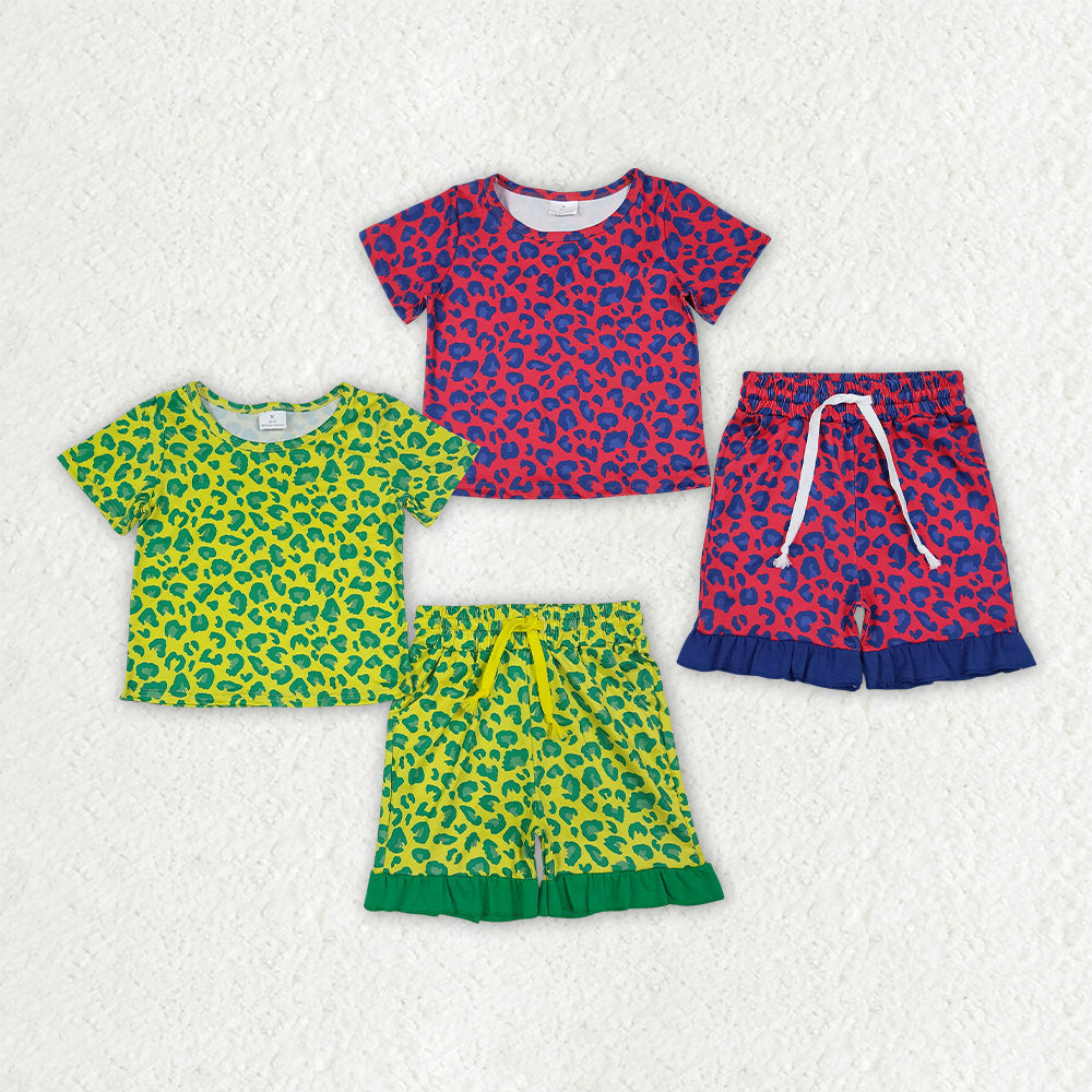 Blue leopard design top matching shorts girls summer outfit