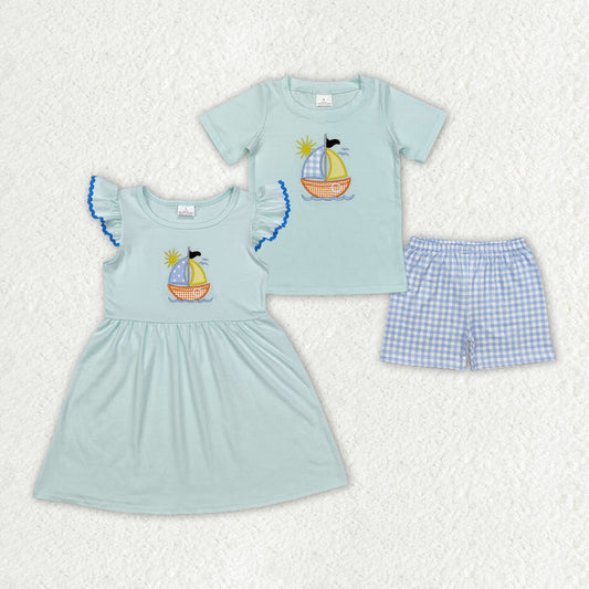 Baby kids embroidery sailboat design summer outfit