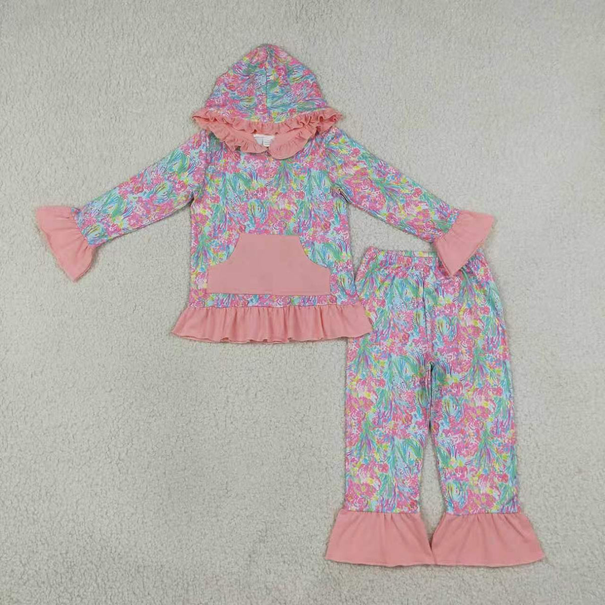 Coral print long sleeve top matching pants girls set outfit