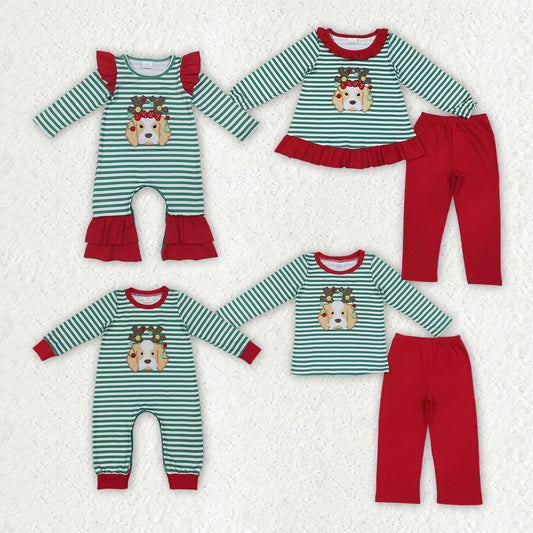 Girls long sleeve Christmas embroidery top matching pants fall outfit